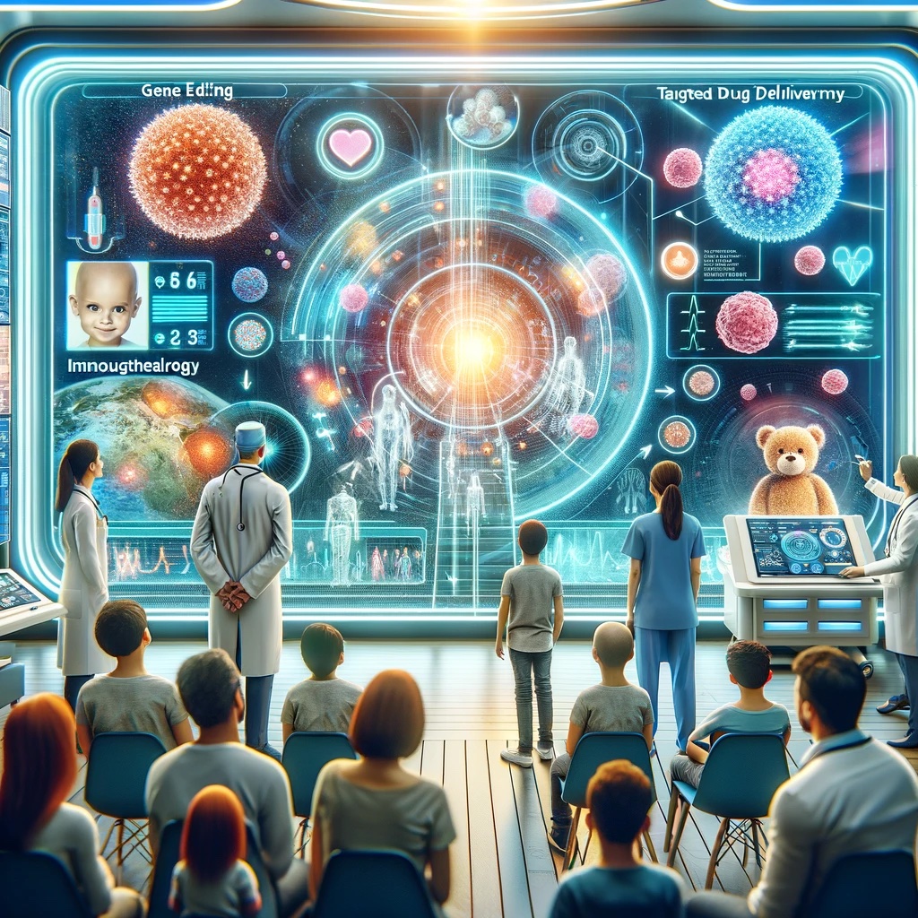 AI image of scientists and children look at a screen showing complex medical and tech images representing work being done in pediatric cancer. 